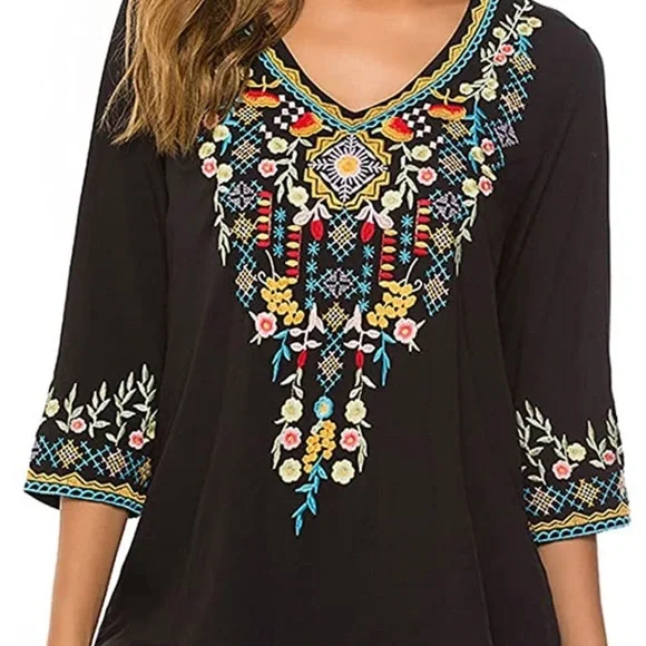 Boho Embroidery Mexican Bohemian Tops Peasant 3/4 Sleeve V Neck Shirt Tunic - Picture 2 of 6